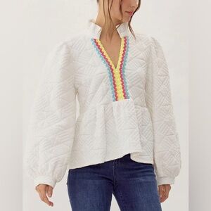 Jodifl White Quilted Peplum Top Rainbow Trim Size M NWT